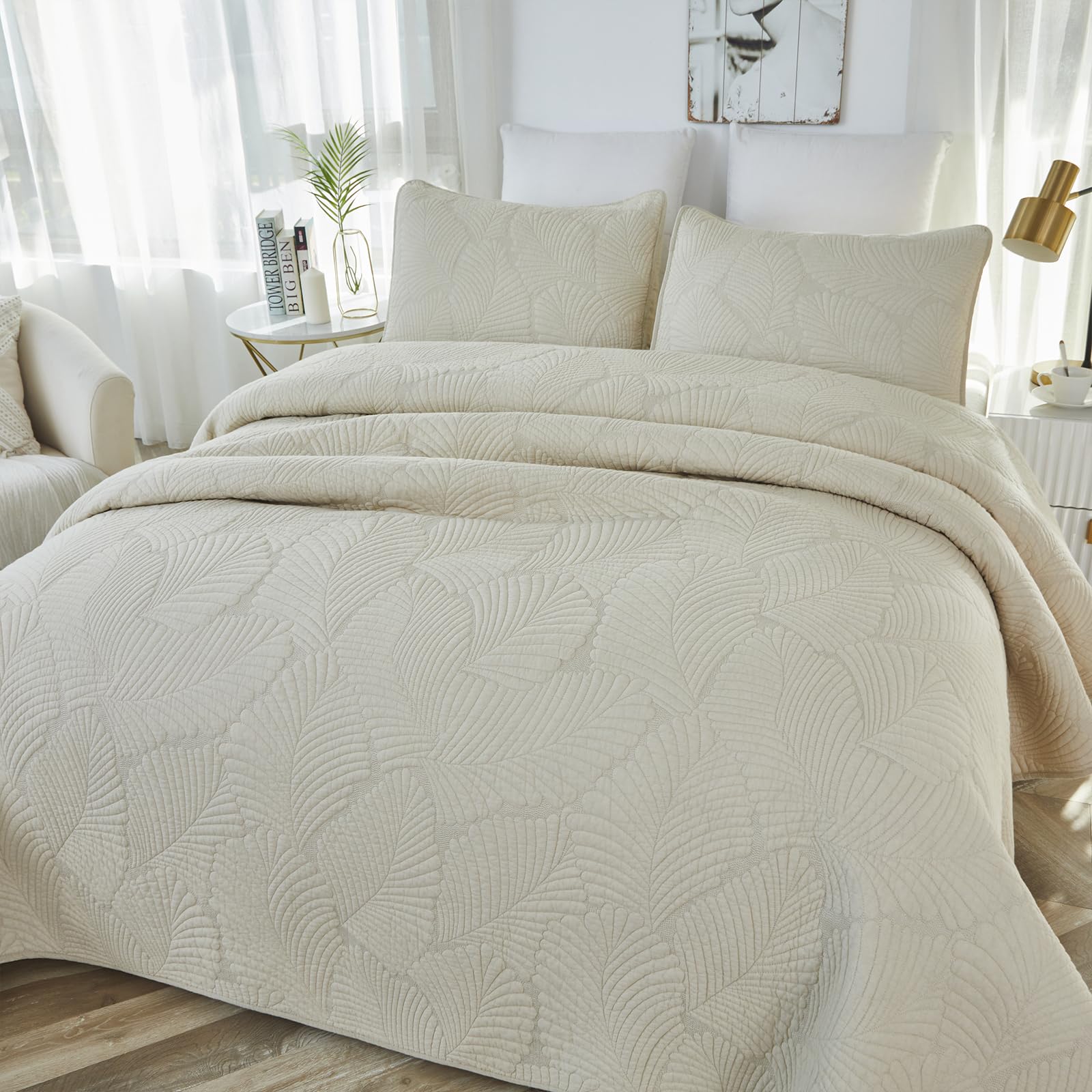 Brandream Beige Palm Quilt Set Queen Size Cotton Matelasse Bedspreads Lightweight Tropical Palm Bedding 3-Piece